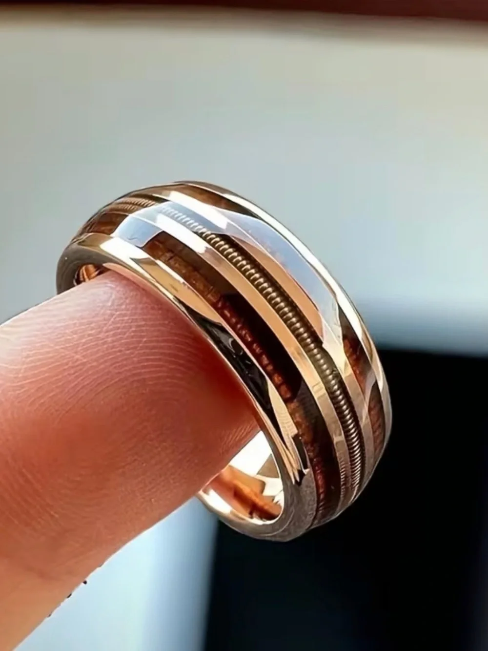 Men's Stainless Steel Wedding Band Ring with Wood and Guitar Strings Inlay 8mm